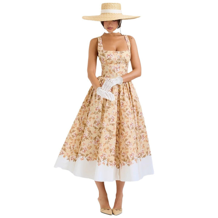 Robe Midi Femme avec Motif Floral Élégant et Fines Bretelles Levoire