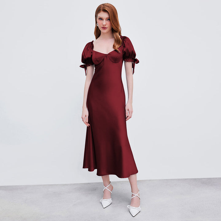 Robe midi pour femmes avec des manches bouffantes élégantes et un décolleté en V chic Levoire