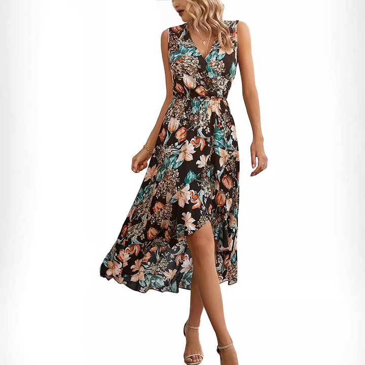 Robe Maxi Femme avec Accents Floraux et Ourlet Tourbillonnant Levoire