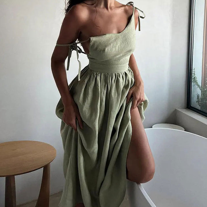 Robe longue en lin pour femmes avec décolleté en V profond et taille cintrée Levoire
