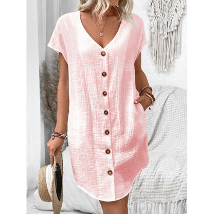 Levoire | Robe d'été à boutons en coton lin à décolleté V Rosa