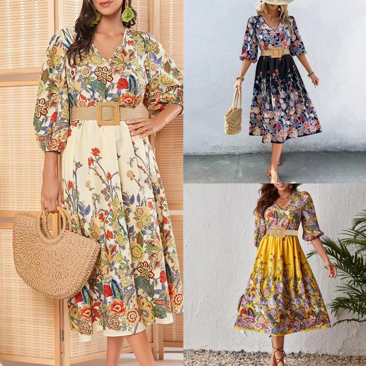 Levoire | Robe à manches courtes imprimée avec ceinture et décolleté en V