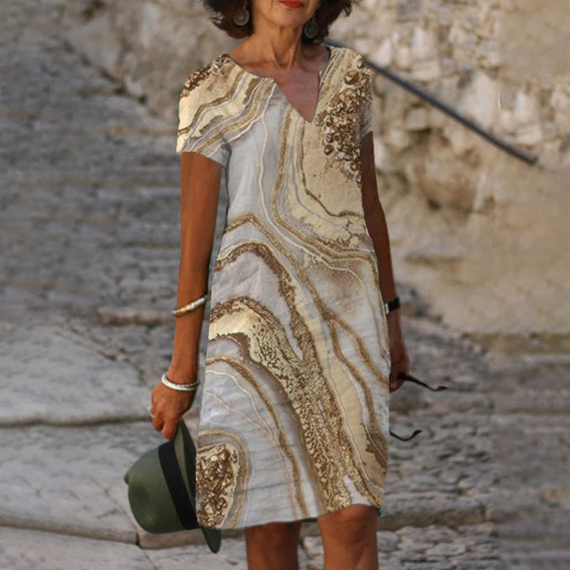 Levoire | Robe à col en V imprimée élégante à manches courtes 21# Sable d'or fluide