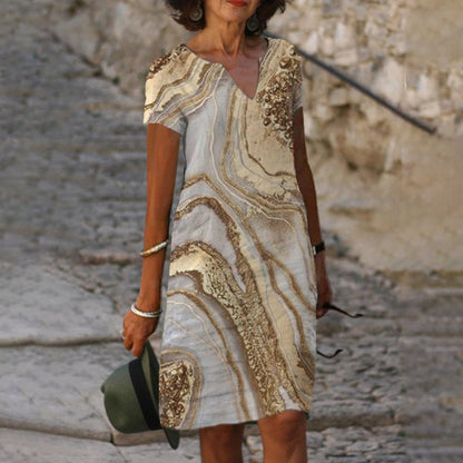 Levoire | Robe à col en V imprimée élégante à manches courtes 21# Sable d'or fluide