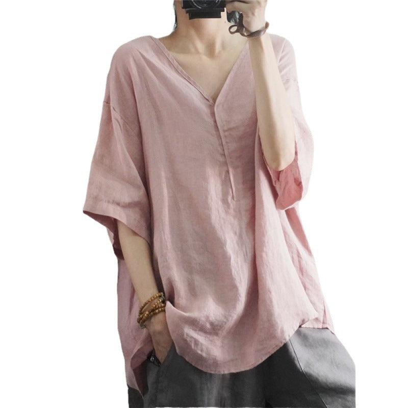 T-shirt en lin surdimensionné pour femmes avec décolleté en V et coupe décontractée Levoire