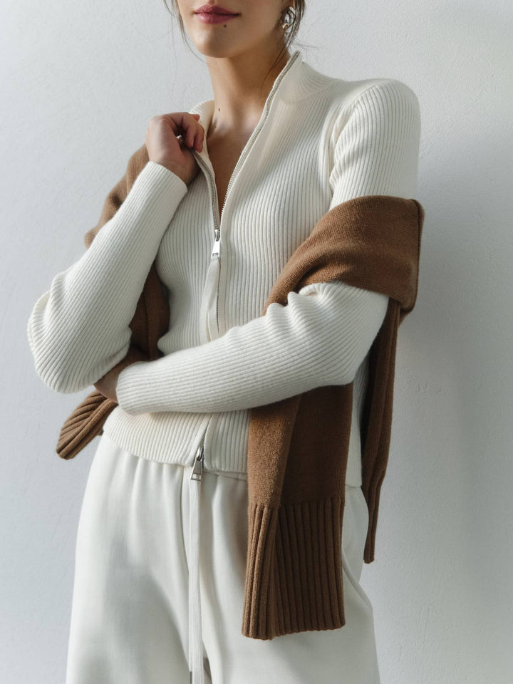 Pull Femme Col Standing avec Fermeture Éclair et Structure Côtelée Levoire