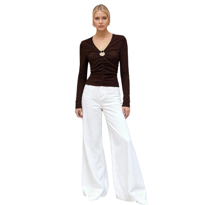 Blouse à manches longues pour femmes avec froncements décoratifs et décolleté chic Levoire