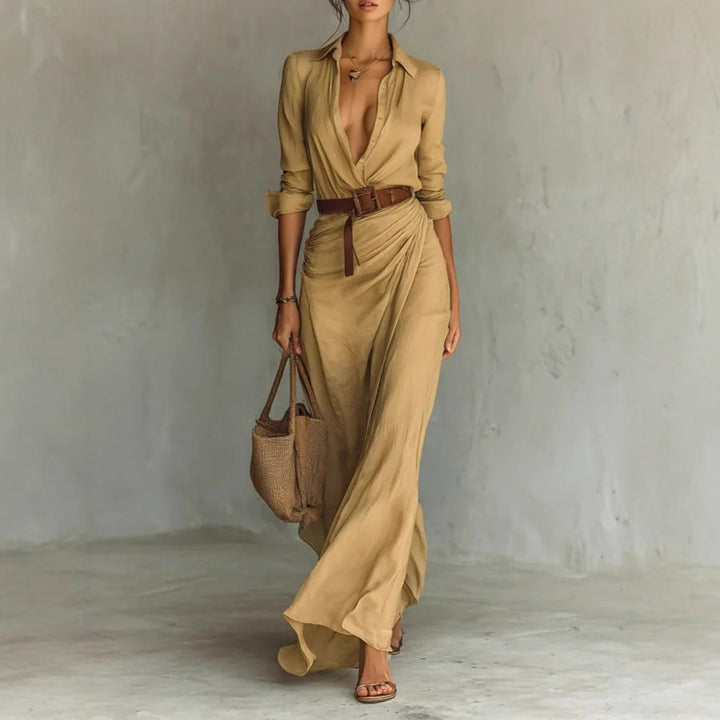 Robe maxi pour femme avec col de chemise classique et ceinture latérale Levoire