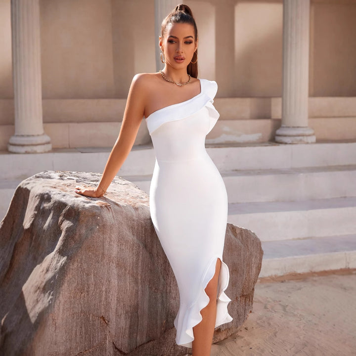 Robe midi élégante pour femmes, moulante avec volante asymétrique et fente Levoire