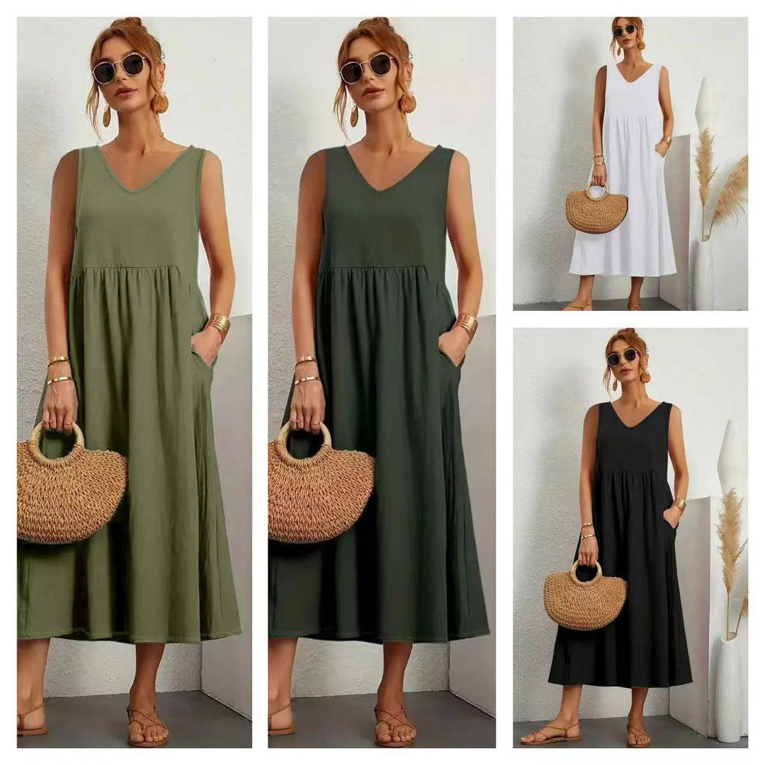 Levoire | Élégant été unicolore sans manches à poches robe V neck