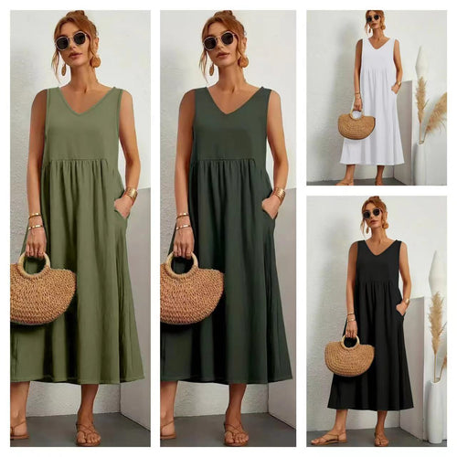 Levoire | Élégant été unicolore sans manches à poches robe V neck