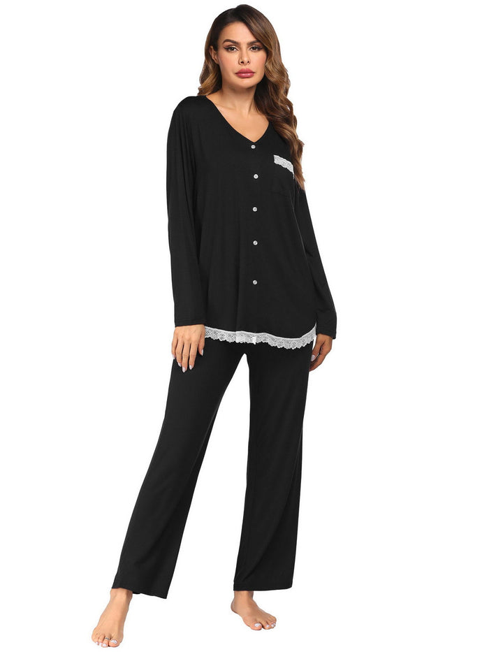 Levoire | dentelle-nuisette Manches longues Pantalons longs Ensemble maison Noir