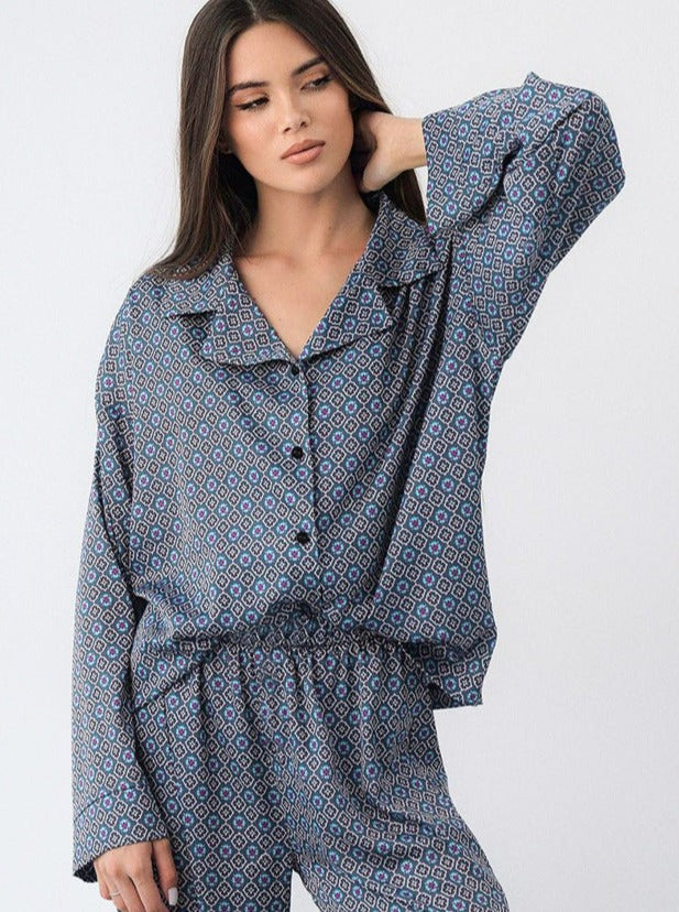 Levoire | Chemise De Nuit Imprimée Avec Col Manches Longues Haut Et Pantalon