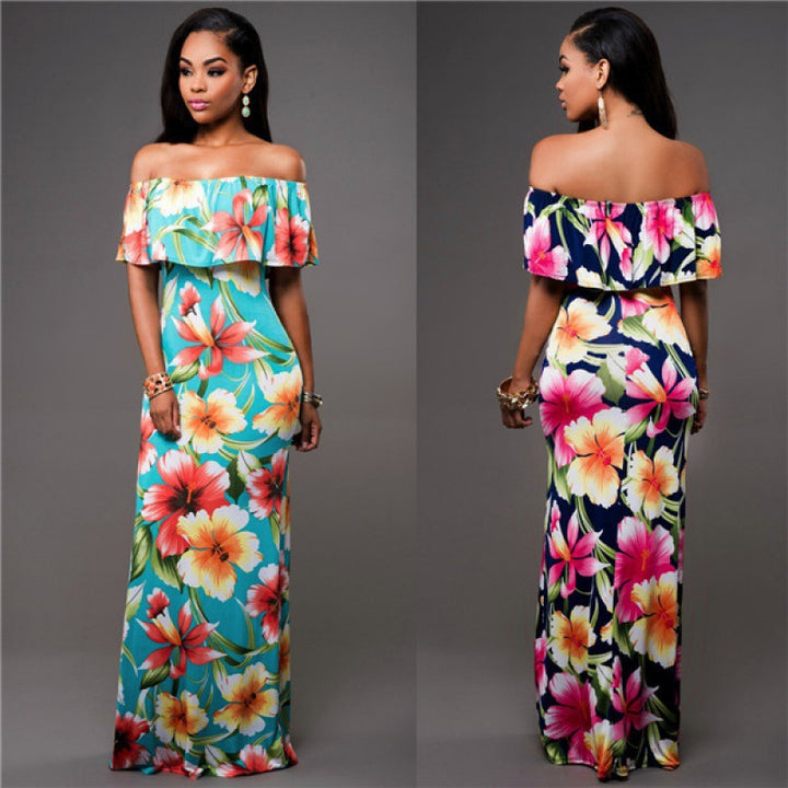 Robe maxi pour femmes avec décolleté bardot et motifs floraux Levoire