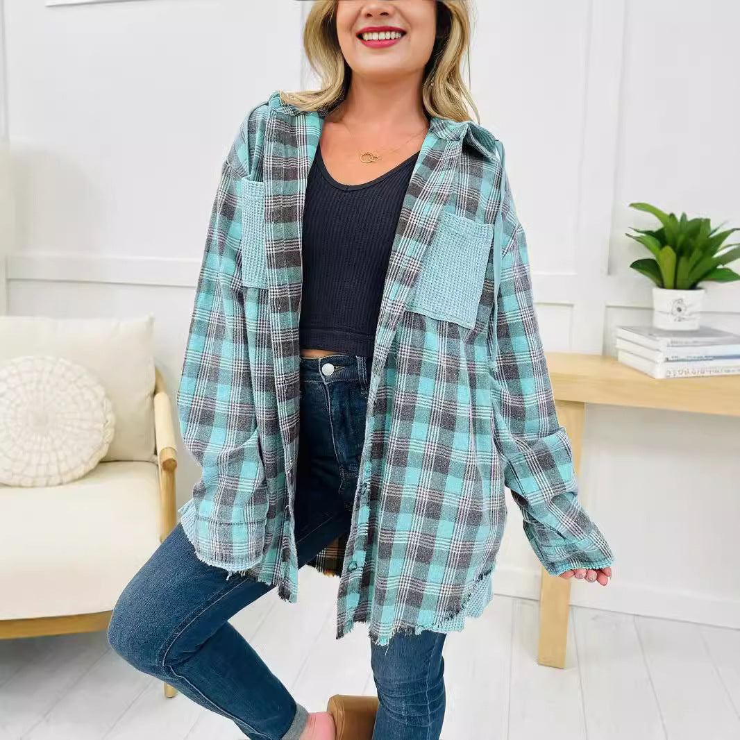 Chemise Veste à Carreaux Oversized pour Femmes avec Détails Frangés Levoire