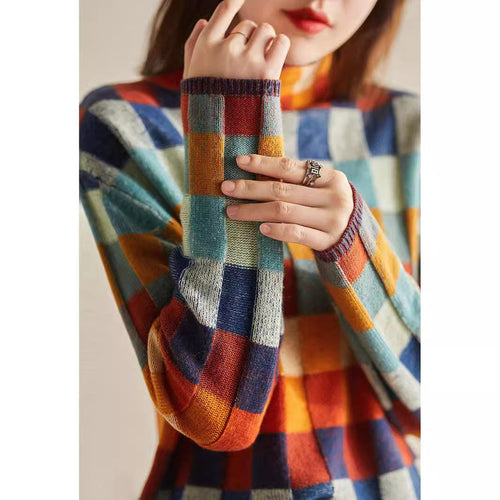 Pull à carreaux coloré pour femmes avec col montant et tricot doux Levoire