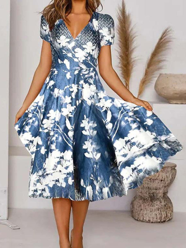 Levoire | Rento Print V-décolleté À Manches Courtes Robe Évasée Bleu