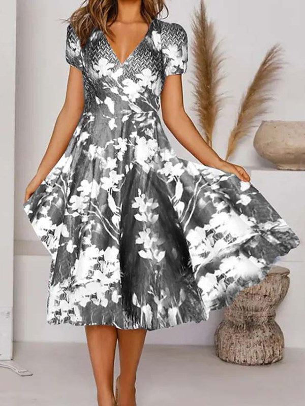 Levoire | Rento Print V-décolleté À Manches Courtes Robe Évasée Gris