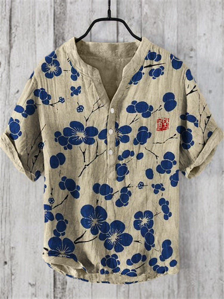 Levoire | Chemise Japonaise En Lin Mélangé Fleurs de cerisier bleues