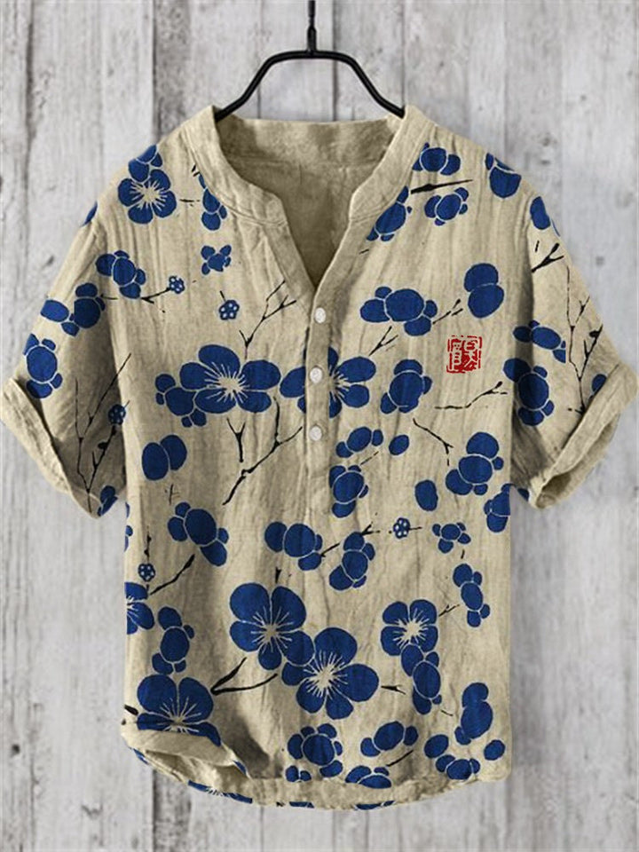 Levoire | Chemise Japonaise En Lin Mélangé Fleurs de cerisier bleues