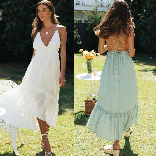 Robe maxi fluide pour femme avec décolleté en V plongeant et finition volants Levoire