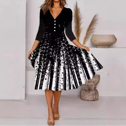 Levoire | Robe à imprimé élégant à manches trois-quarts et col en V Noir et blanc