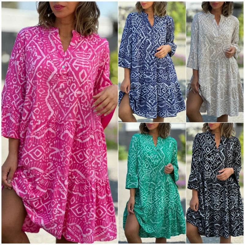 Levoire | Élégant Robe à encolure en V à manches courtes Imprimé gâteau ajouté