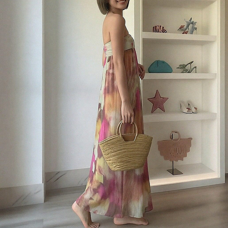 Robe longue de plage pour femmes avec design à épaules dénudées et motif floral Levoire