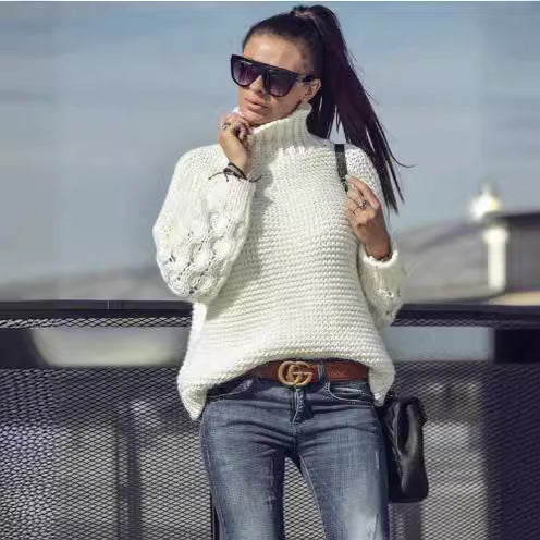 Pull en tricot pour femmes avec col montant et manches volumineuses Levoire