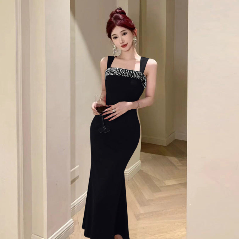 Levoire | Imprimé à pois Paillettes Taille carrée Robe à bretelles Noir