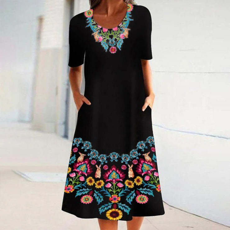 Levoire | Robe à imprimé rentouksinen à col rond à manches courtes avec poches 3#Couleur brodée