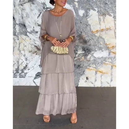 Levoire | Élégante Robe Longue à Manches Batwing et Col Ronde pour Femme Argent gris