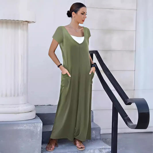 Levoire | Tendance Printemps Été Uni Patches Sac Décolleté en V Salopette Vert olive