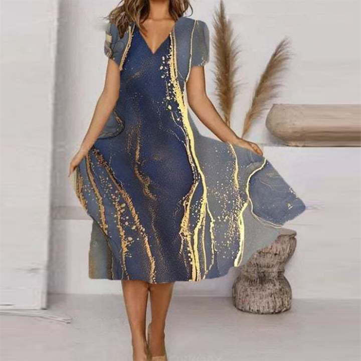 Levoire | Chic Imprimé Élégant Robe à Col en V à Manches Courtes Bleu marine