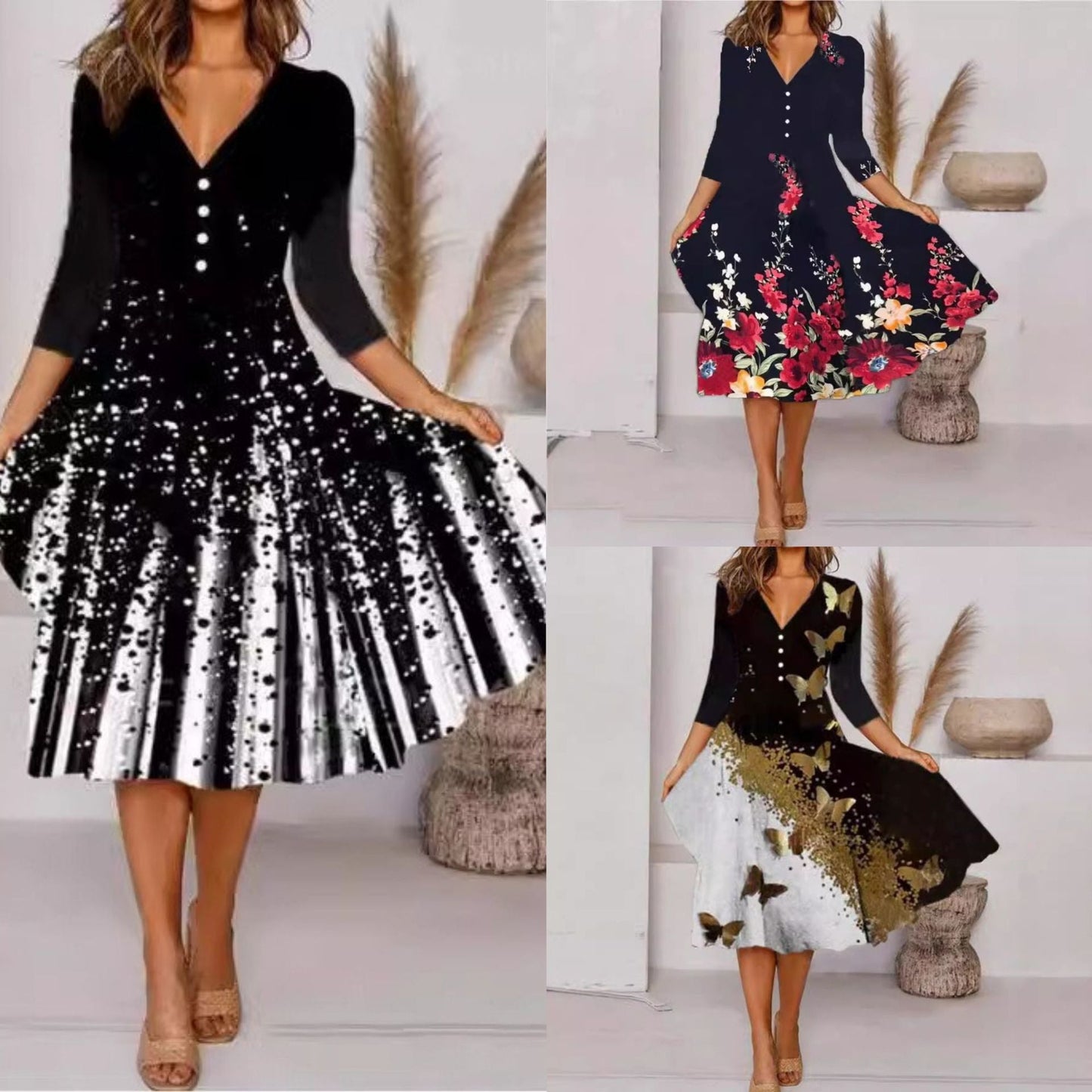 Levoire | Robe à imprimé élégant à manches trois-quarts et col en V