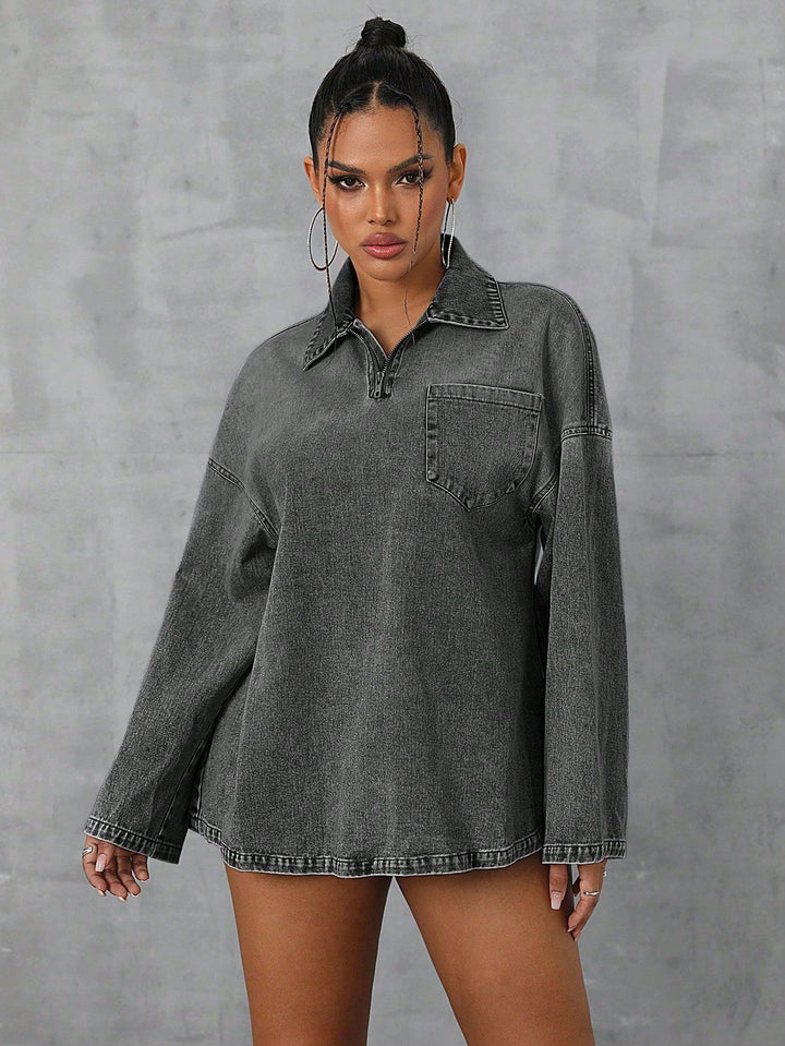 Blouse en denim surdimensionnée pour femmes avec fermeture éclair pratique et col décontracté Levoire