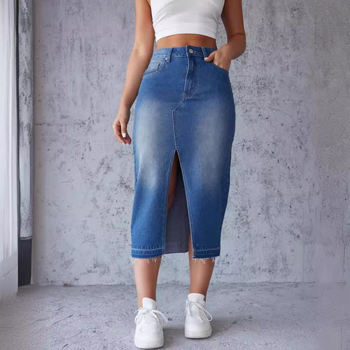Jupe maxi en denim pour femme avec fente latérale et franges modernes Levoire