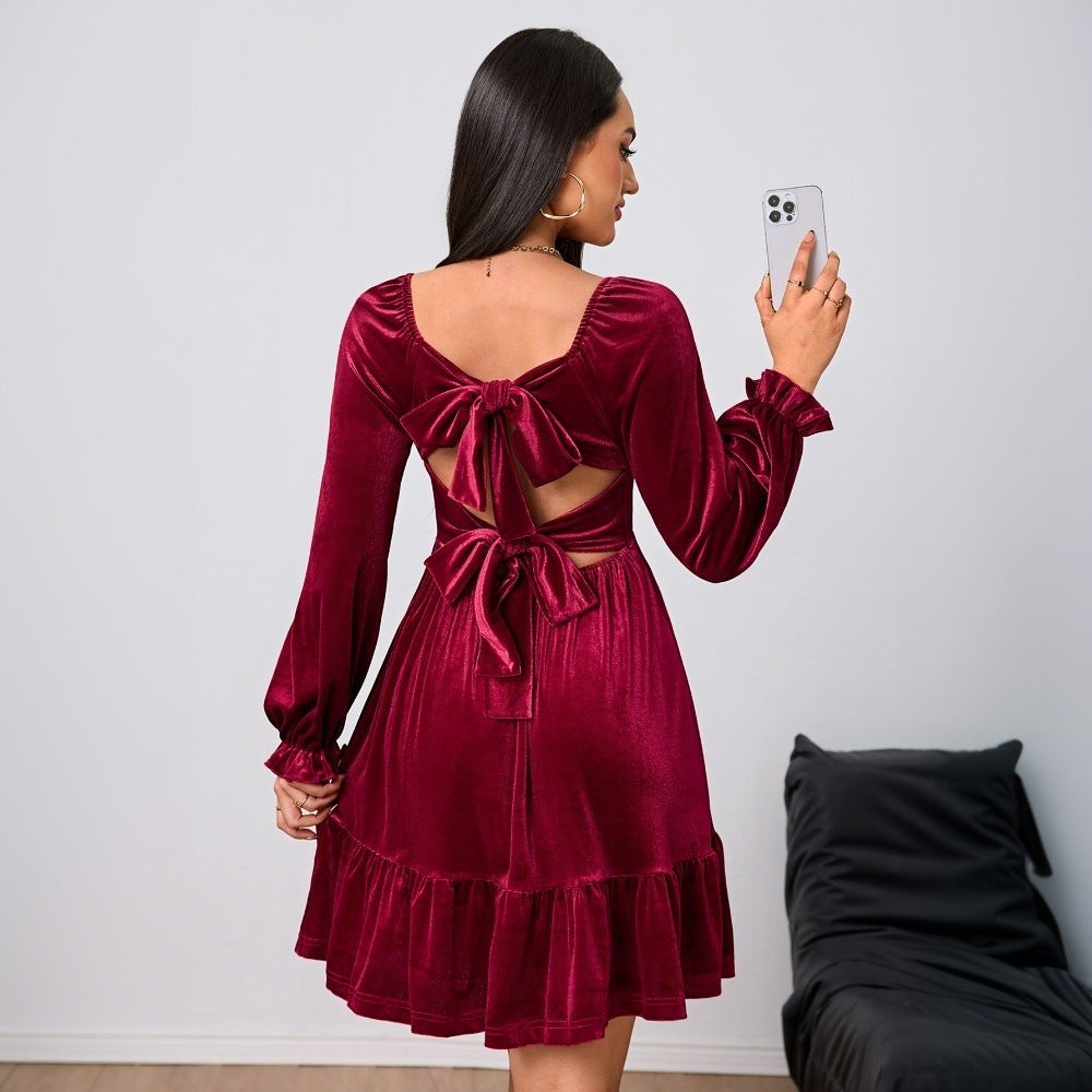 Robe minime en velours pour femmes avec volants et manches bouffantes de bon goût Levoire