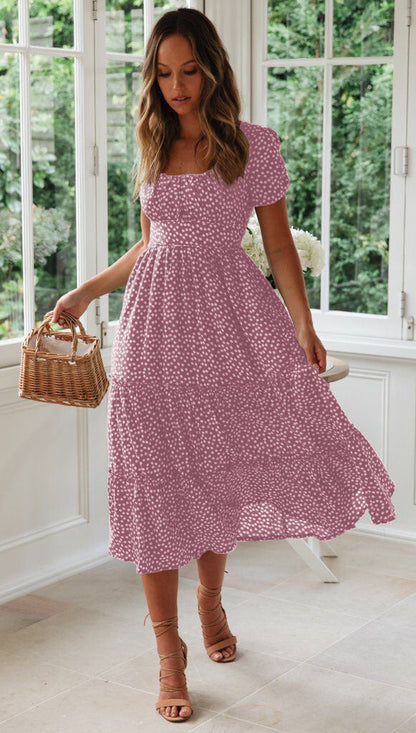 Levoire | Robe à fleurs Col carré Manches bouffantes Rosa
