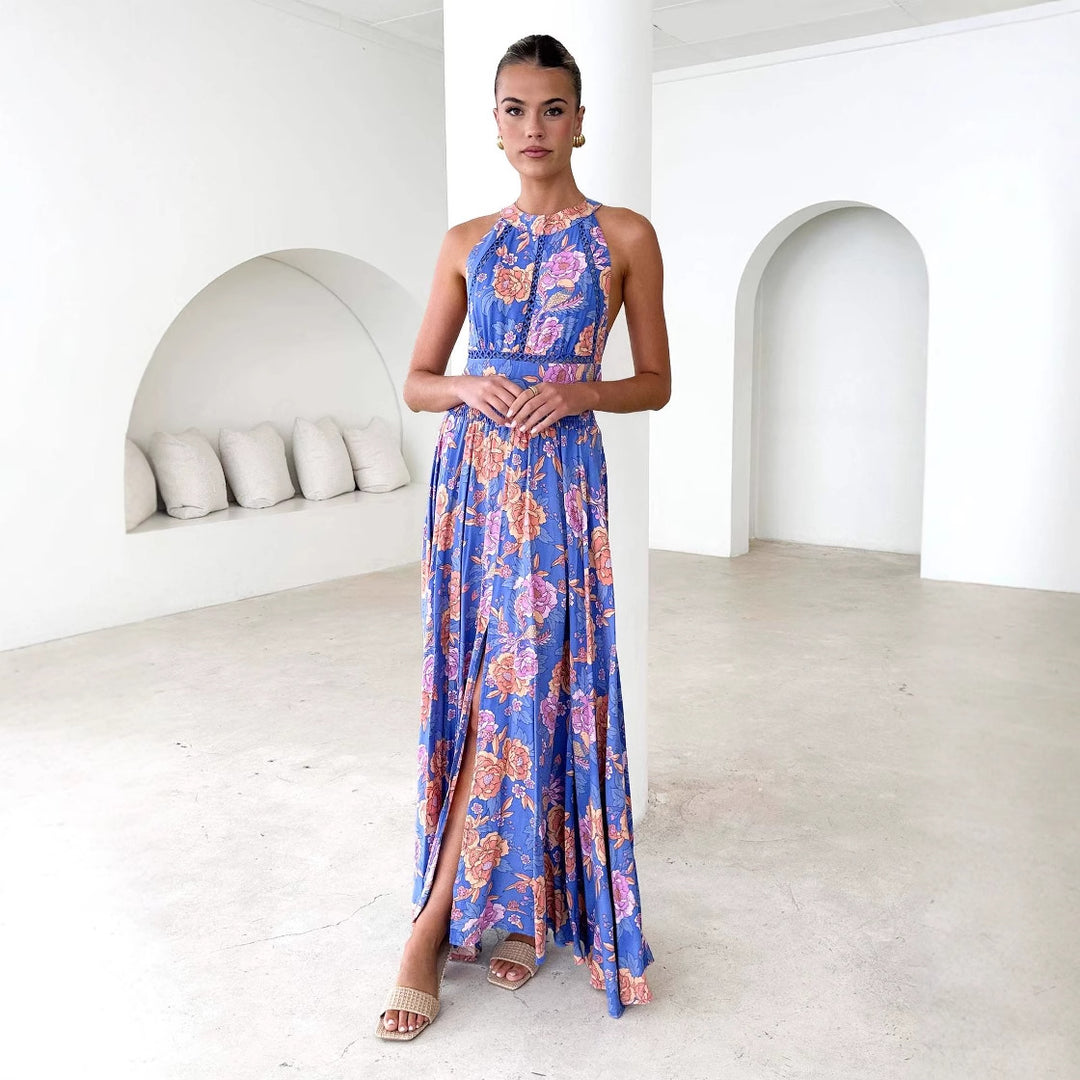 Robe Maxi Élégante pour Femmes avec Accents Floraux et Dos Nue Levoire