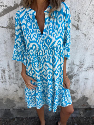 Levoire | Chic Printemps Été Imprimé Volant V-Décolleté Robe Bleu ciel