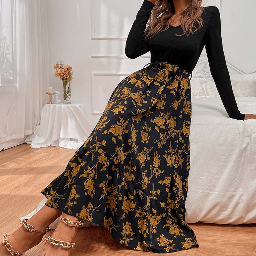 Robe maxi pour femme avec décolleté en V profond et jupe fleurie Levoire