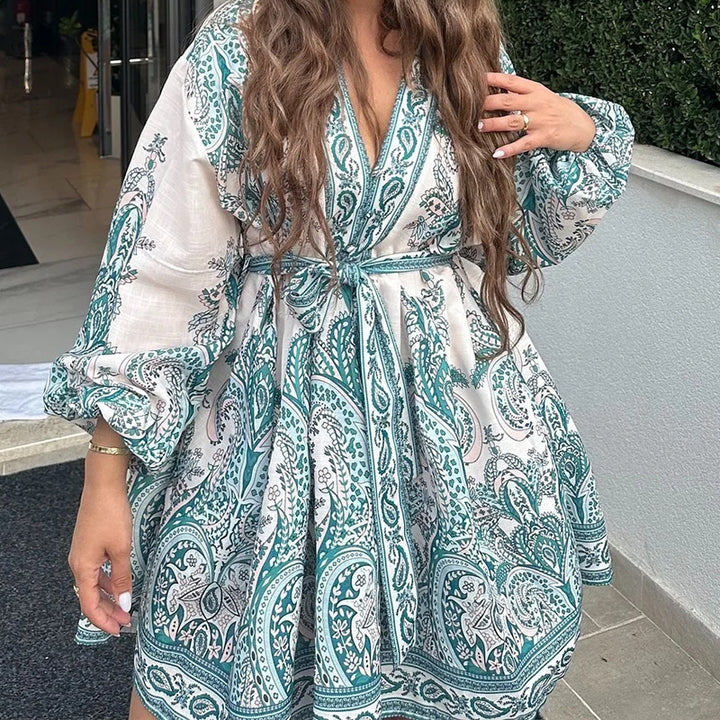 Robe enveloppante à manches longues et ceinture de taille en motif paisley vert émeraude pour femmes Levoire