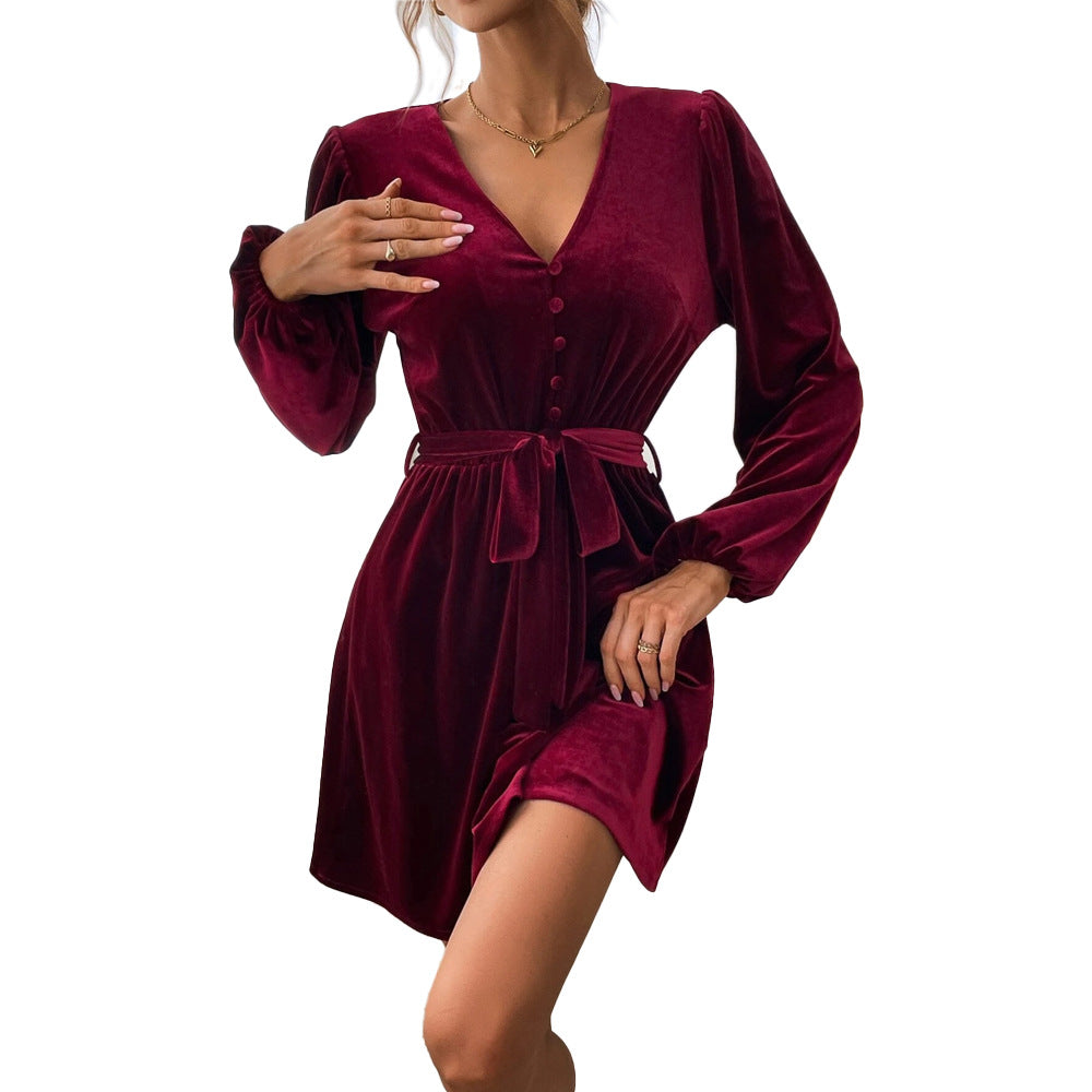 Robe en velours pour femme avec décolleté en V profond et ceinture à la taille Levoire