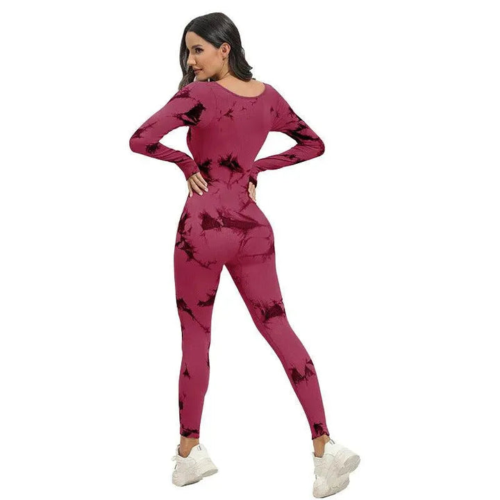 Levoire | Pantalons de yoga de sport sans couture avec des manches longues et un encolure carrée en design batik Noir et rouge