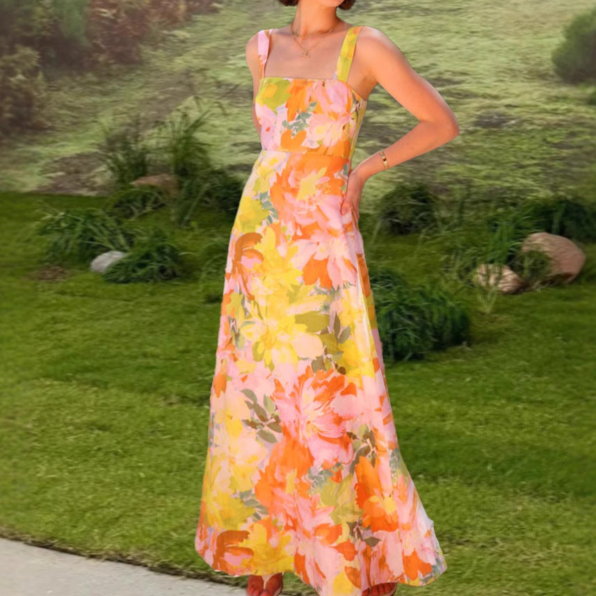 Robe maxi florale pour femmes avec coupe ajustée et bretelles spaghetti Levoire