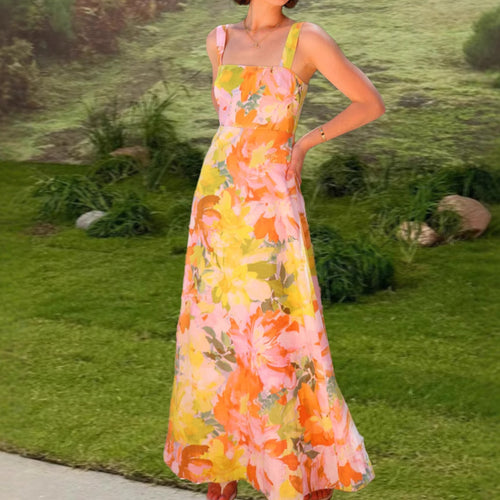 Robe maxi florale pour femmes avec coupe ajustée et bretelles spaghetti Levoire