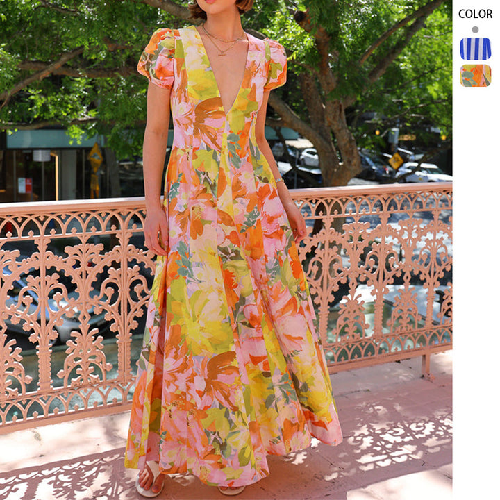 Robe maxi femme avec décolleté en V et manches bouffantes Levoire