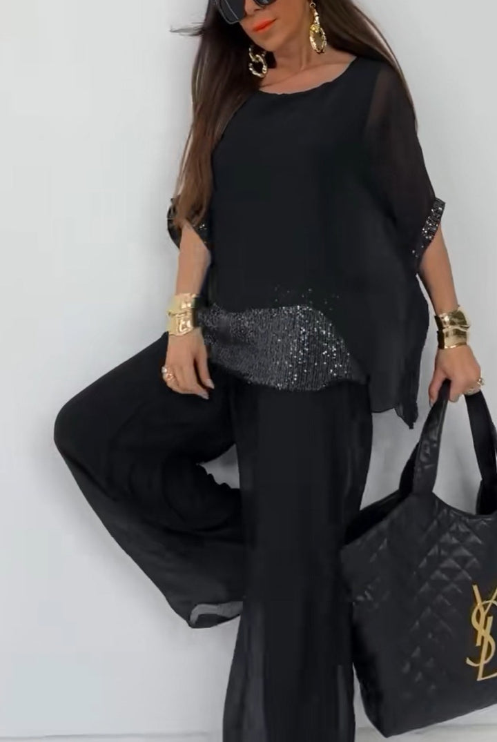 Costume de pantalon deux pièces élégant pour femmes avec haut scintillant Levoire
