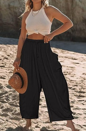 Levoire | Pantalon À Jambes Larges En Coton Et Lin Avec Taille Élastique Et Poches Noir